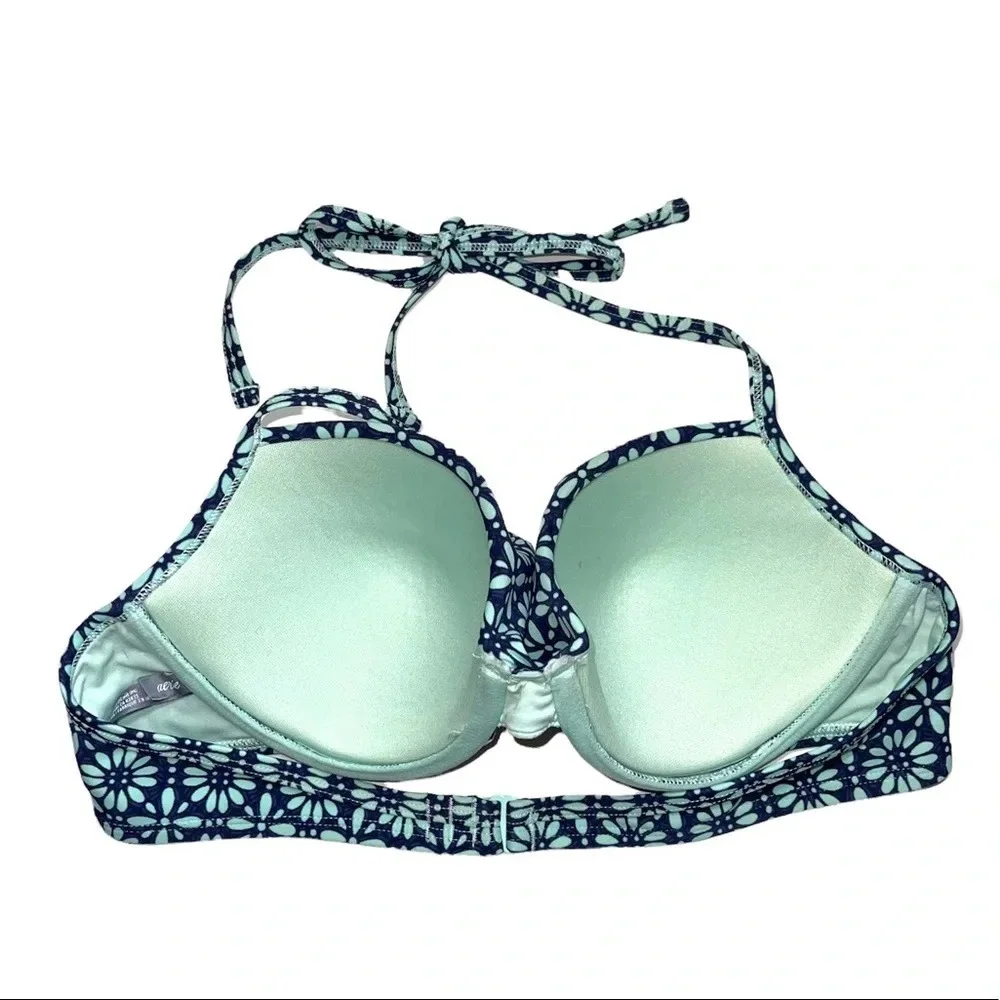 aerie Navy Blue & Mint Green Floral Print Ruffle Push-up Bikini Top 36B Women’s